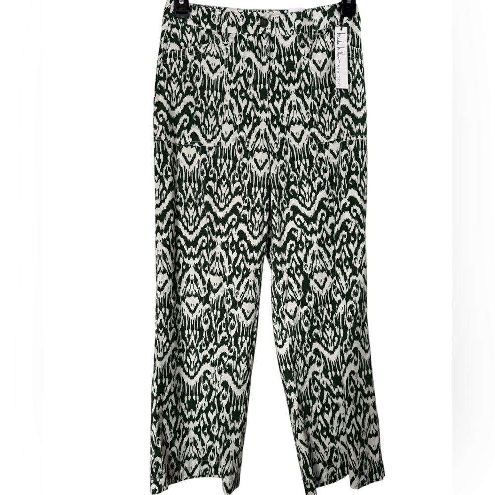 Nicole Miller Green and White Patterned Hi-Rise, Straight Leg Pants